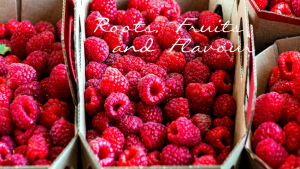 Punnet of raspberries with graphic text overlay.